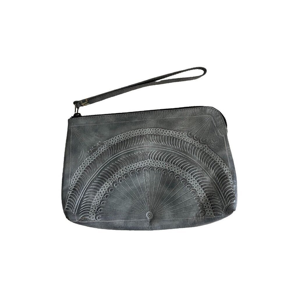 Leaders In Leather Wristlet Embossed Gray Leather Small